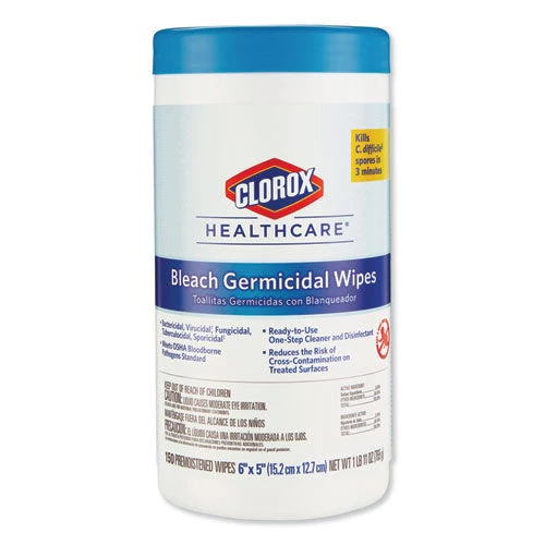 Clorox Healthcare 30577 6 In. X 5 In. Unscented Germicidal Bleach Wipes - White (150/Canister)