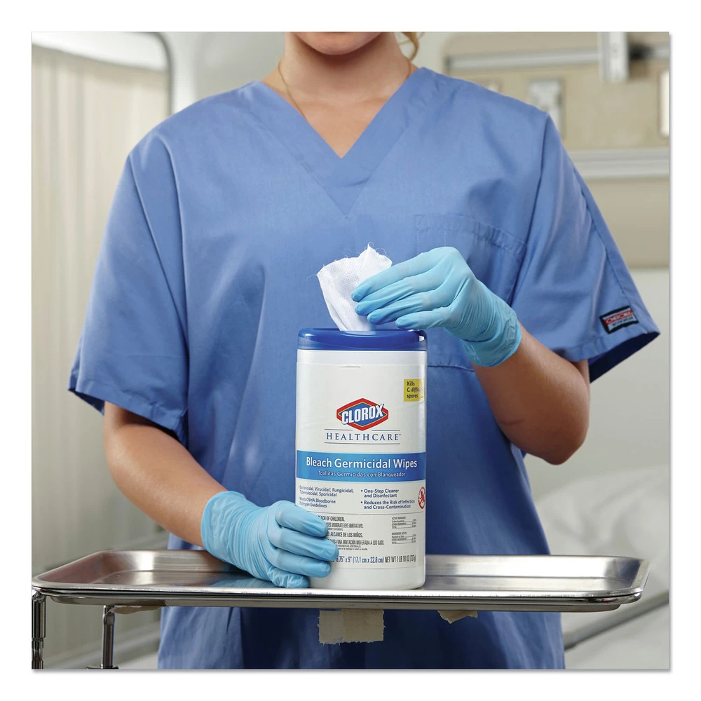 Clorox Healthcare 30577 6 In. X 5 In. Unscented Germicidal Bleach Wipes - White (150/Canister) - Image 5