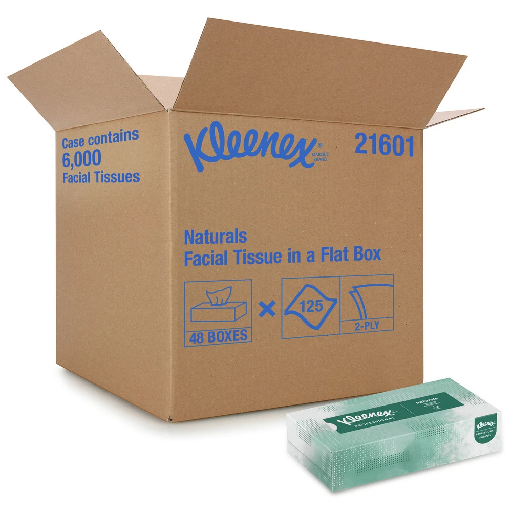 Kleenex 21601 Naturals 2-Ply Flat Box 8.3 In. X 7.8 In. Facial Tissues - White (48 Boxes/Carton, 125 Sheets/Box)