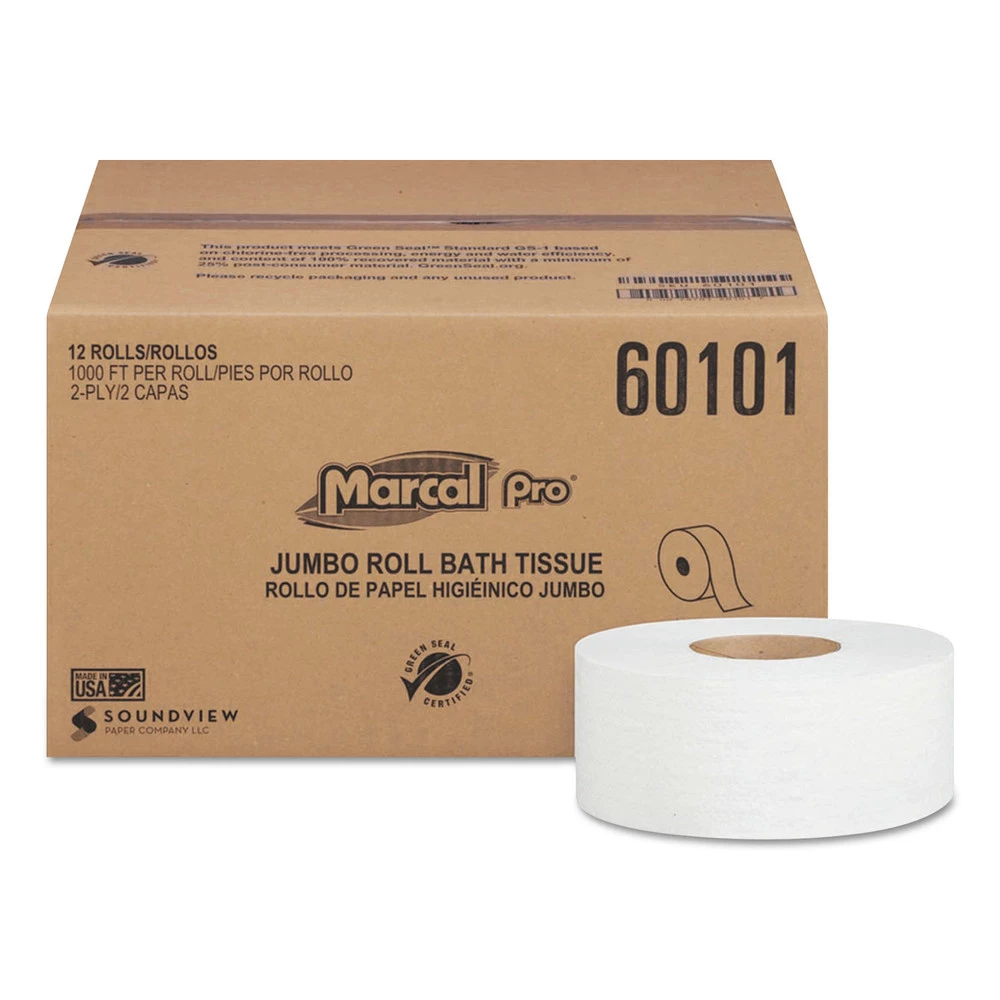 Marcal PRO 60101 2-Ply 3.3 In. X 1000 Ft. Septic Safe 100% Recycled Bathroom Tissues - White (12 Rolls/Carton)