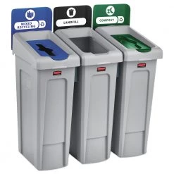 Rubbermaid Commercial 2007918 Slim Jim 69 Gal. 3 Stream Landfill/Mixed Recycling/Compost Recycling Station Kit - Gray